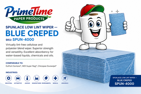 Spunlace Low Lint Wiper — Creped Blue, White